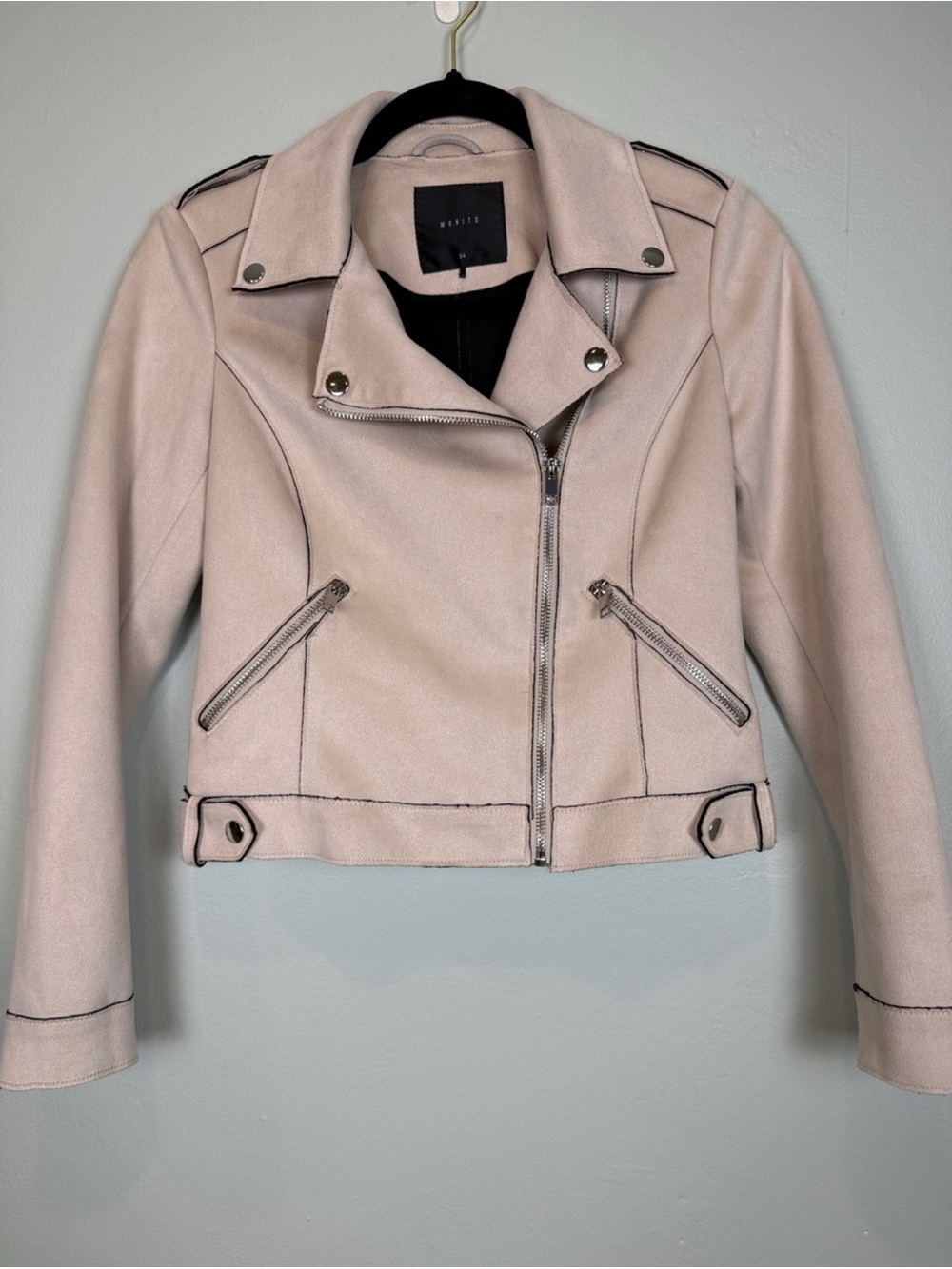 MOHITO Light Blush Faux Suede Moto Biker Jacket Size 34 US 2 / 4 Euro Brand
